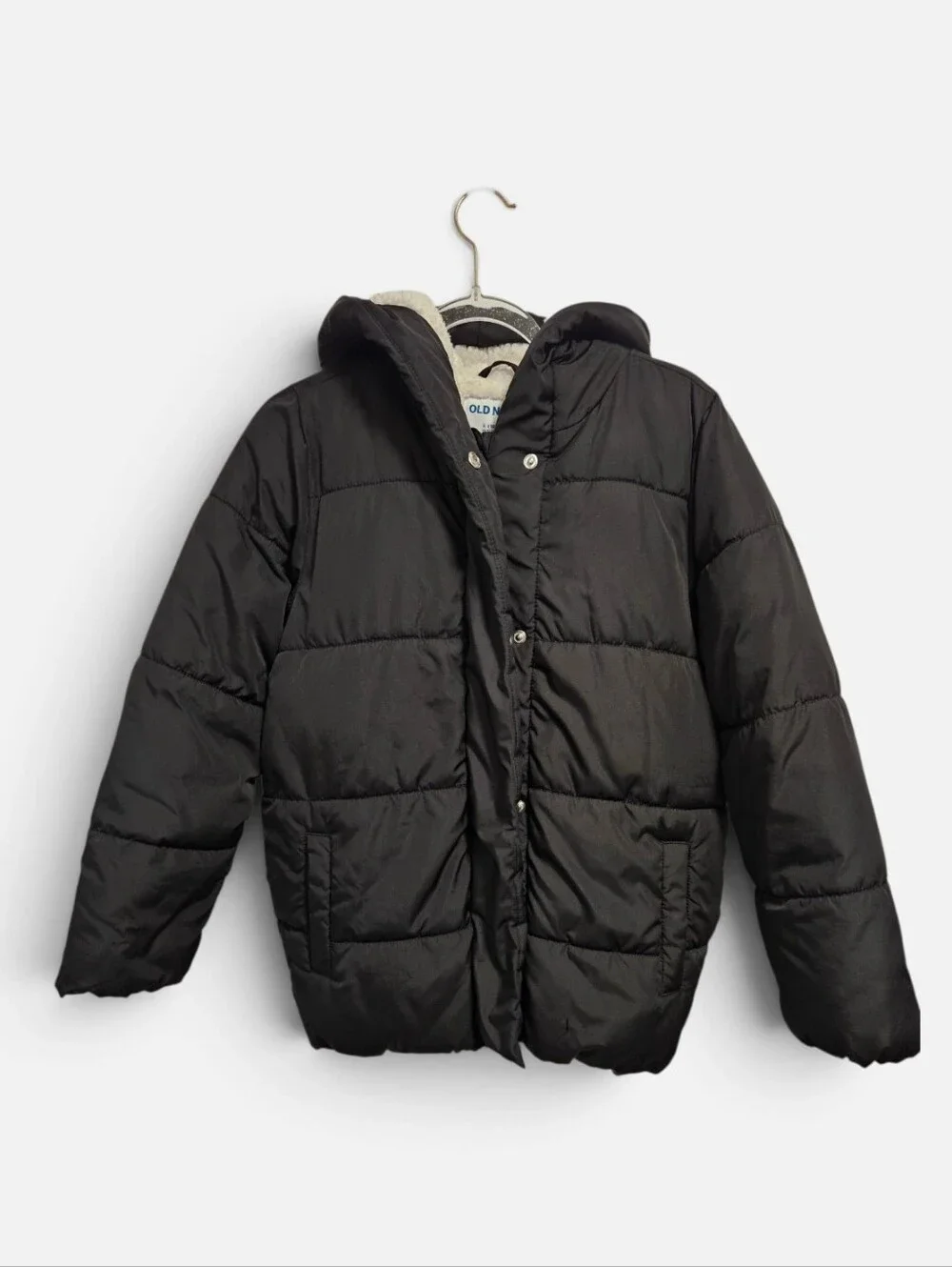 Old Navy Girls Black Puffer Coat Sherpa Lined Hood Kids Size L (10-12)